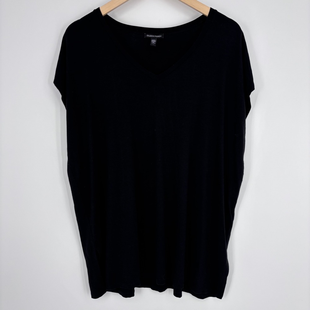 Eileen Fisher Sleeveless Tunic Top Womens L Black Tencel Blend Stretch Shirt